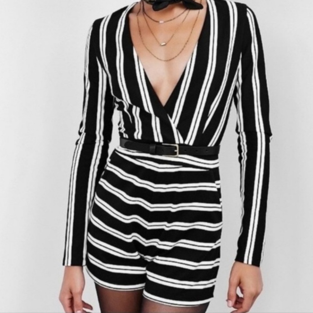 UO Silence + Noise Black & Whipe Striped Romper